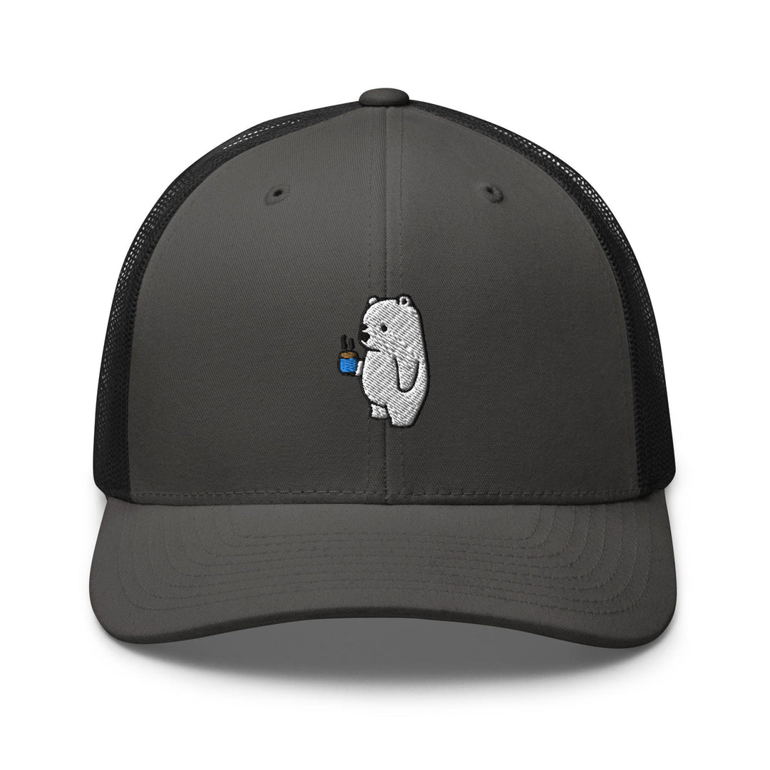 a grey and black trucker hat with a koala bear embroidered on the front