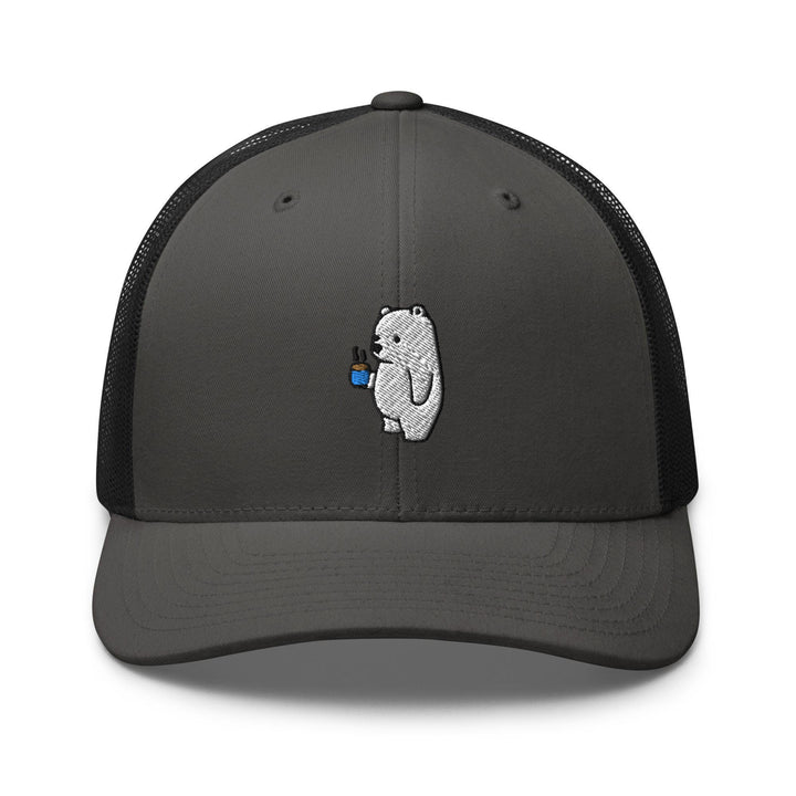 a grey and black trucker hat with a koala bear embroidered on the front