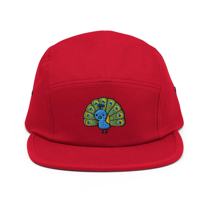 a red hat with a peacock embroidered on it