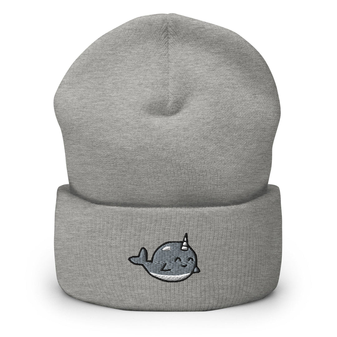 a grey beanie with a whale embroidered on it