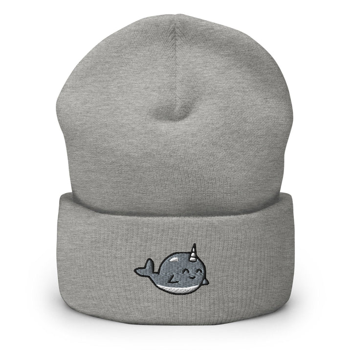 a grey beanie with a whale embroidered on it