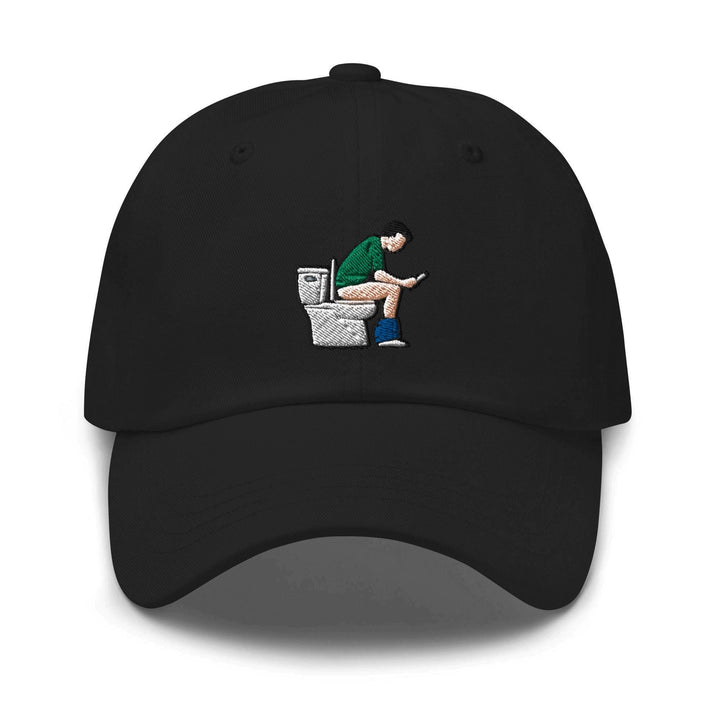 a black hat with a picture of a man sitting on a toilet