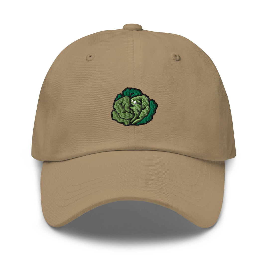 a tan hat with a green cabbage embroidered on it