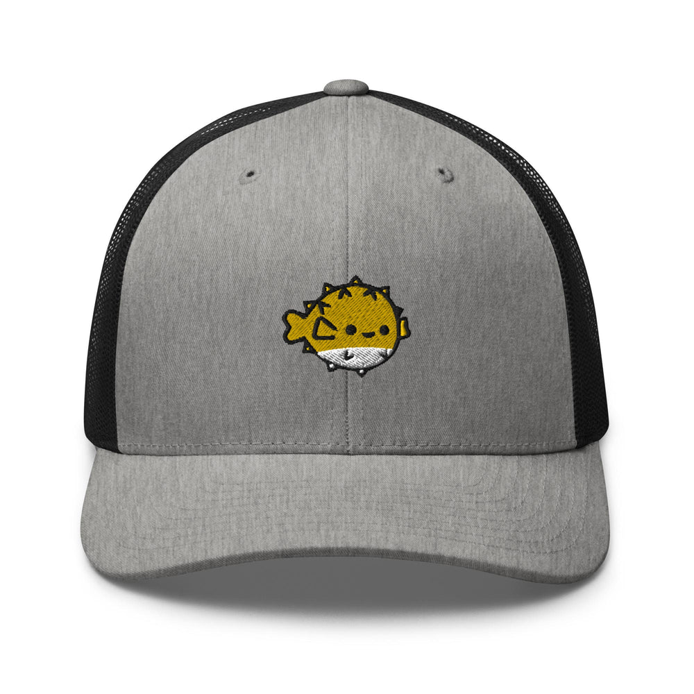 a gray and black hat with a yellow cat on it