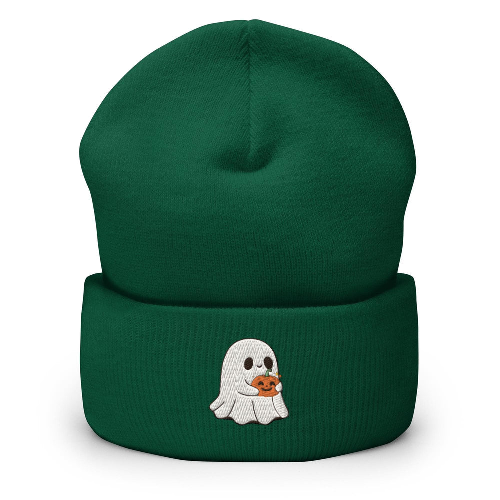 a green beanie with a ghost holding a pumpkin