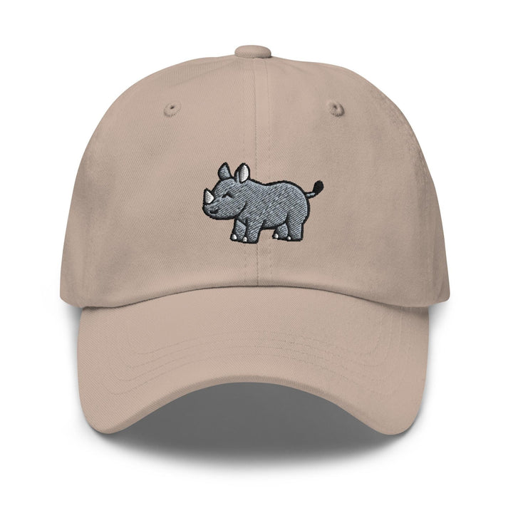 a tan hat with a rhino embroidered on it