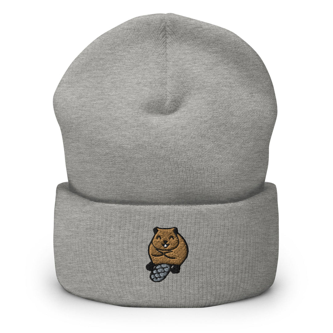 a grey beanie with a brown bear on it
