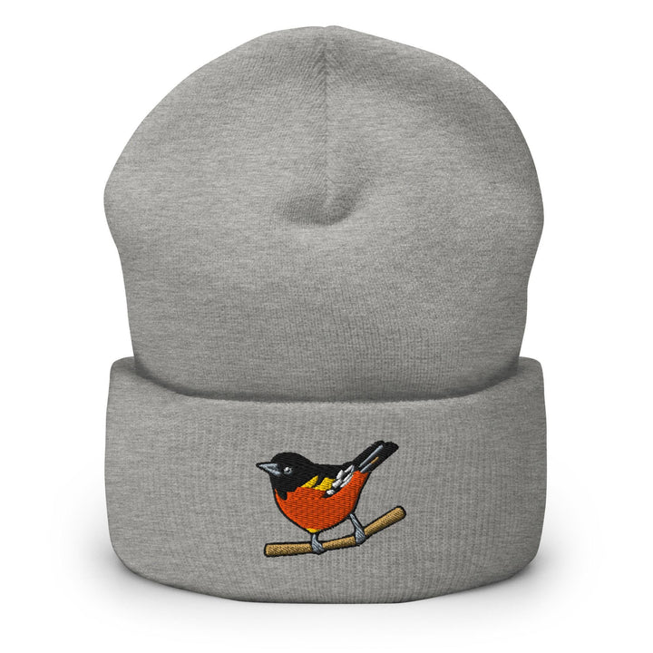 a grey beanie with a bird on it