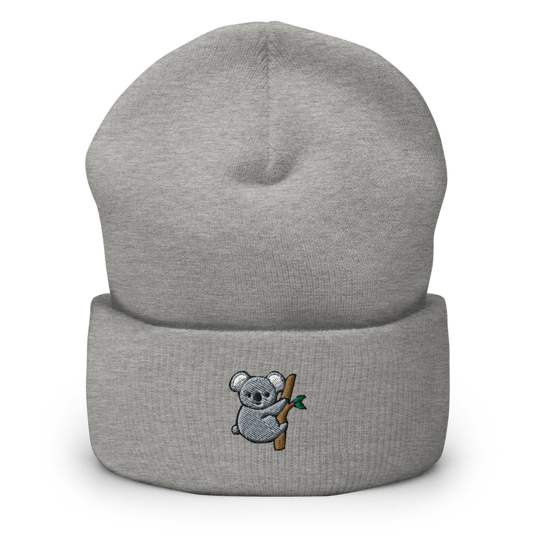 a grey hat with a koala on it