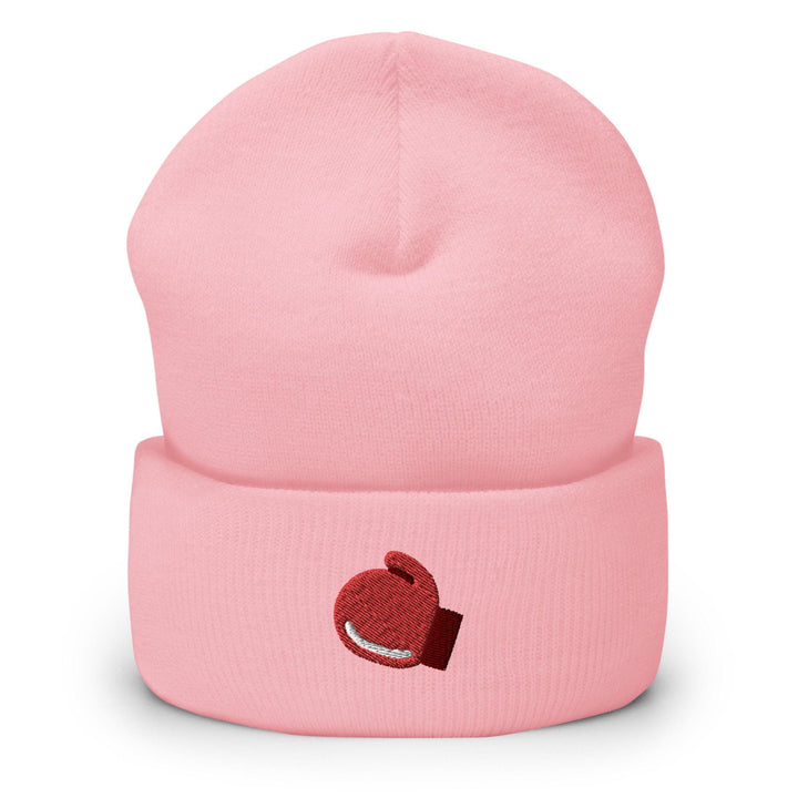 a pink beanie with a heart on it