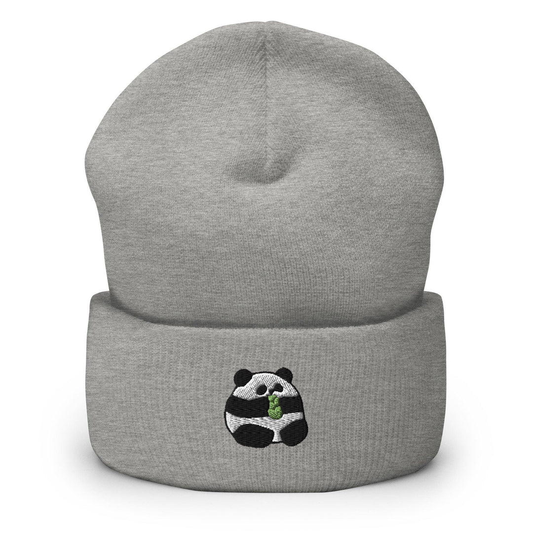 a grey beanie with a panda bear on it