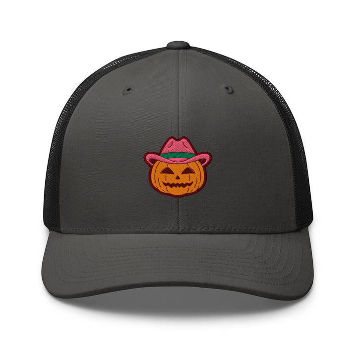 a gray trucker hat with a pumpkin wearing a hat
