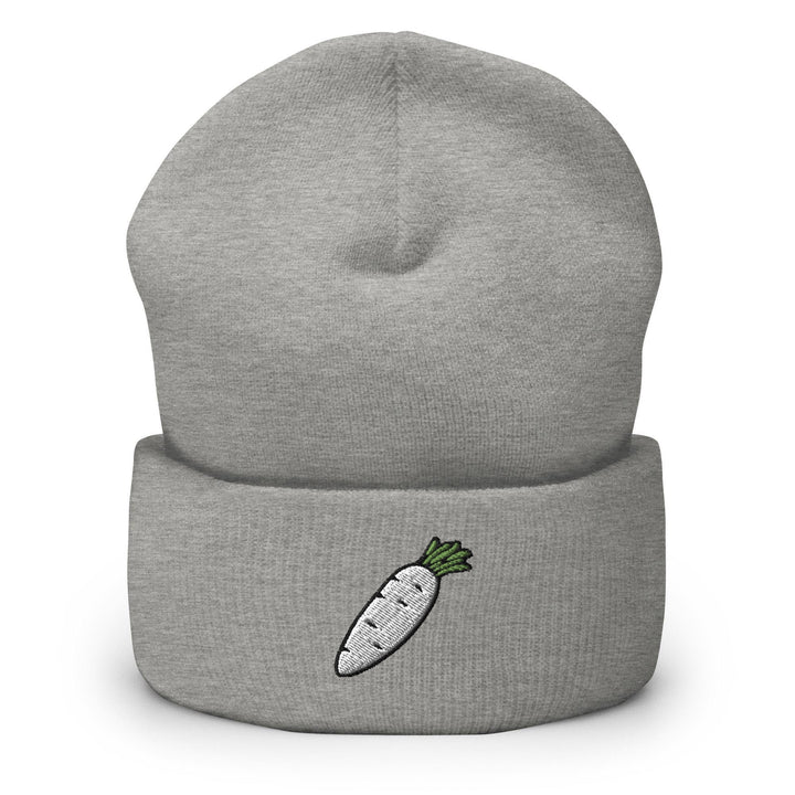 a grey beanie with a carrot embroidered on it