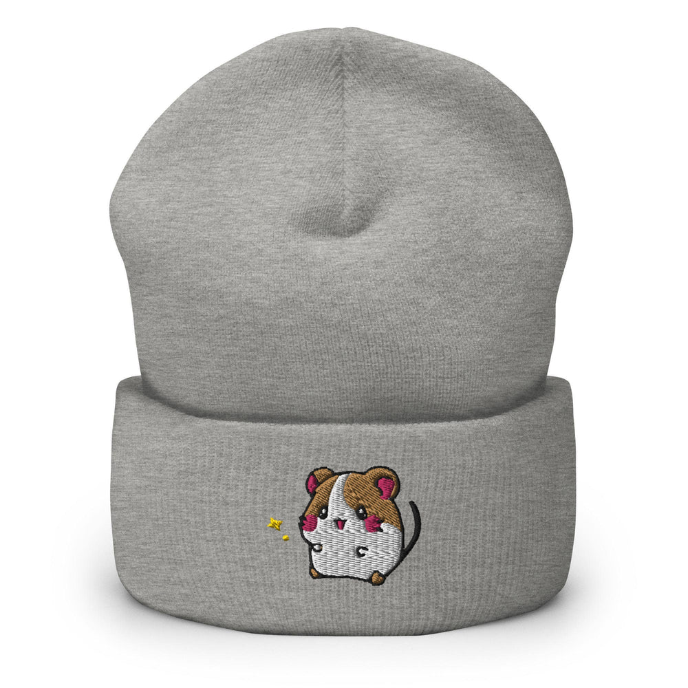 a gray beanie with a brown and white dog on it