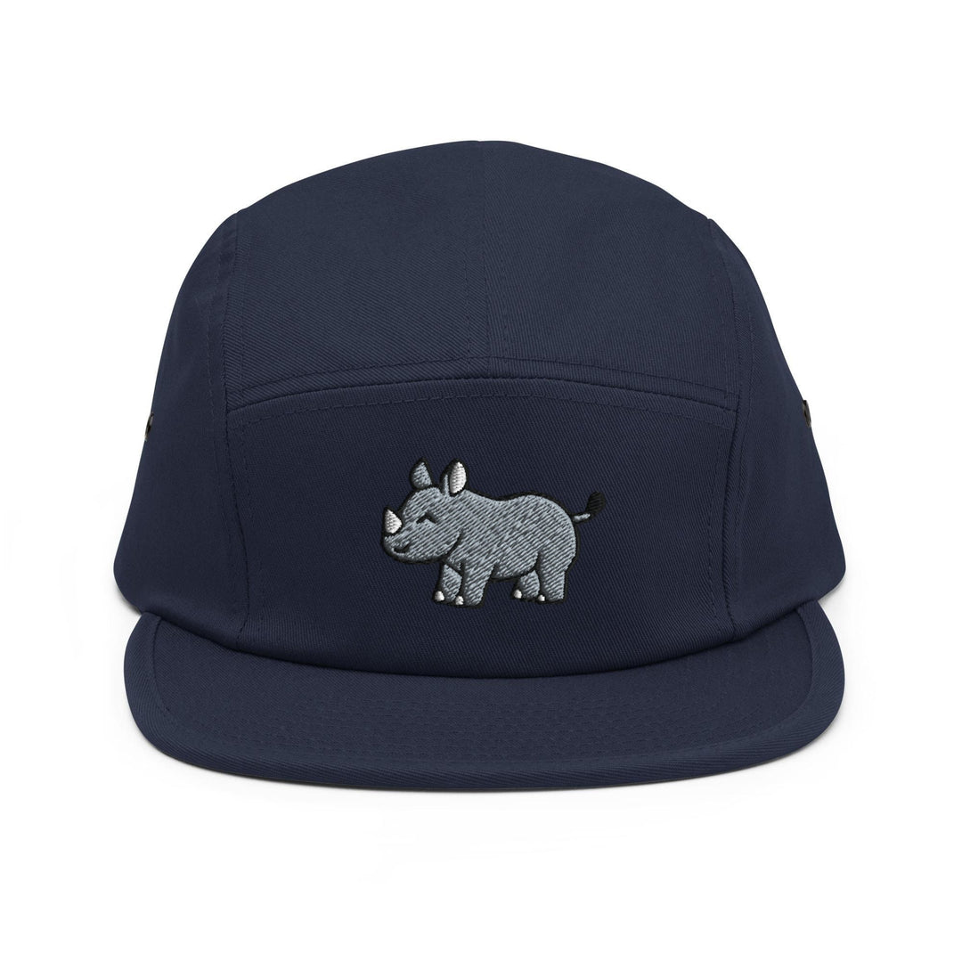 a blue hat with a rhino embroidered on it