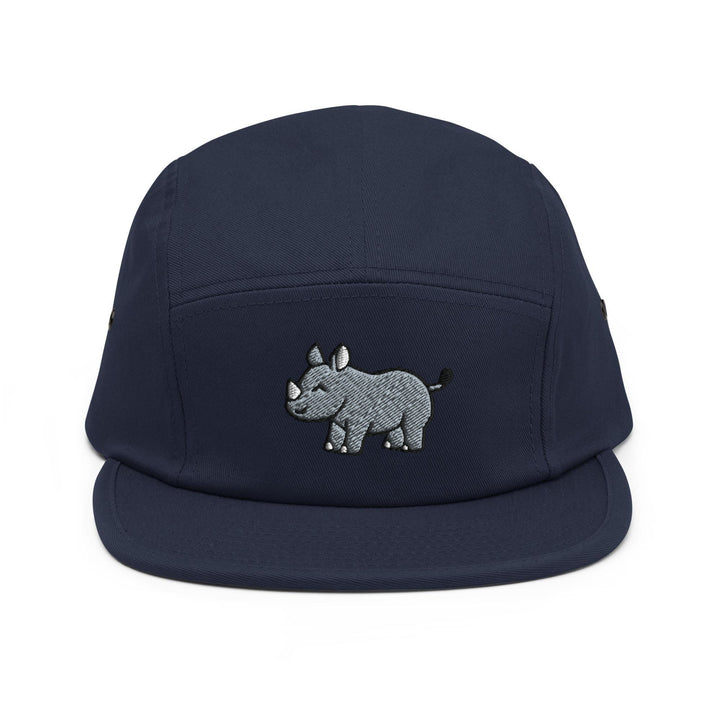 a blue hat with a rhino embroidered on it