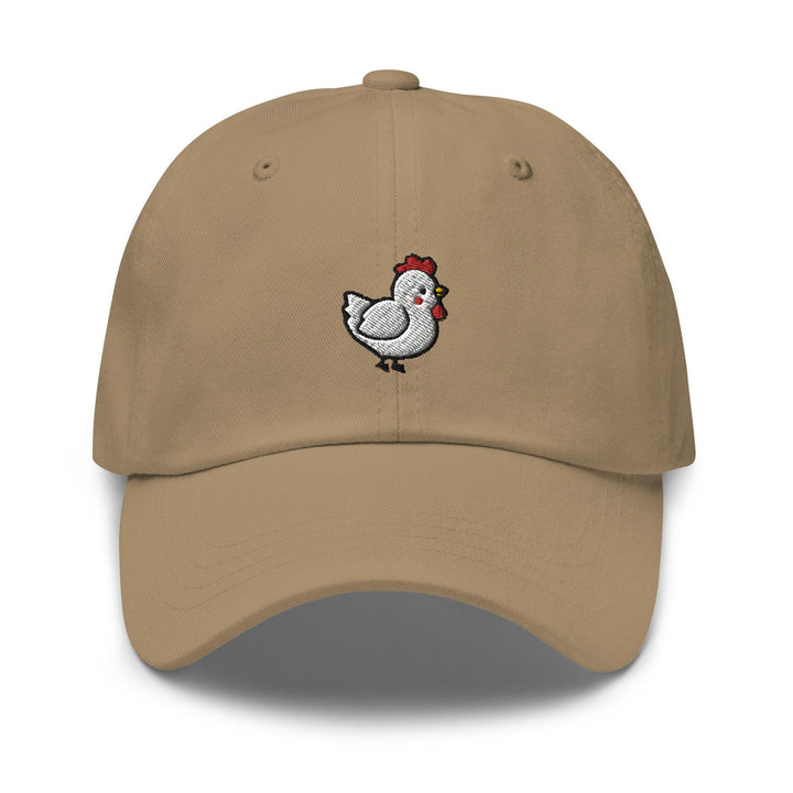 a tan hat with a chicken embroidered on it