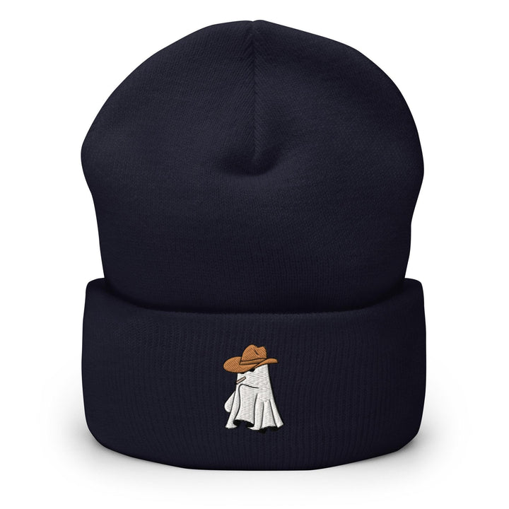 a beanie with a cartoon of a person wearing a hat