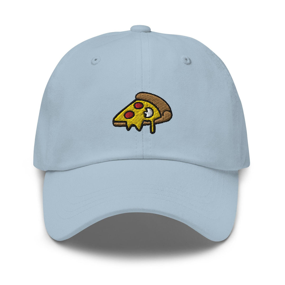 a light blue hat with a slice of pizza embroidered on it