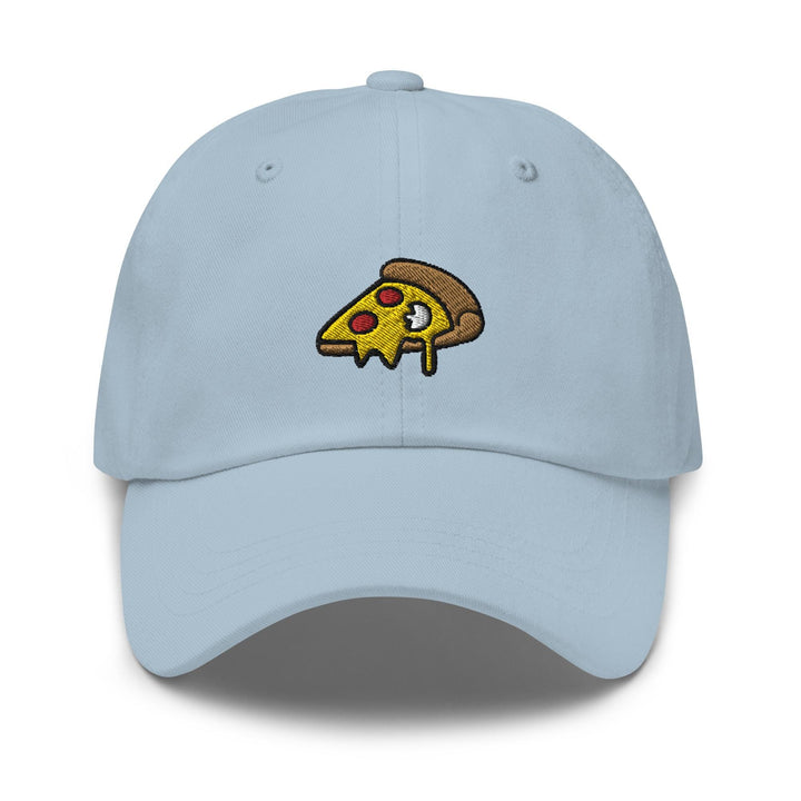 a light blue hat with a slice of pizza embroidered on it