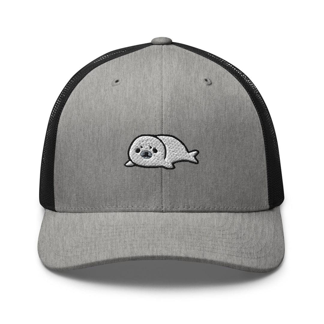 a gray and black trucker hat with a skull on it