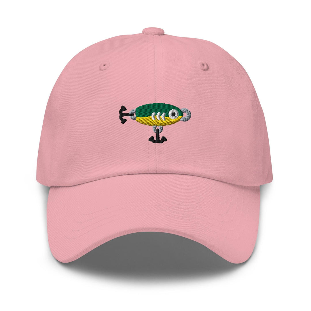 a pink hat with a fish embroidered on it