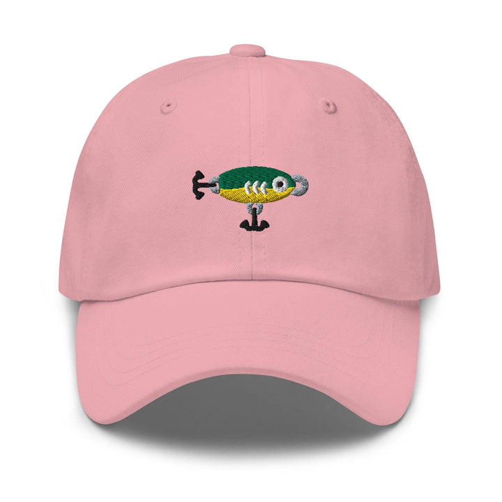 a pink hat with a fish embroidered on it