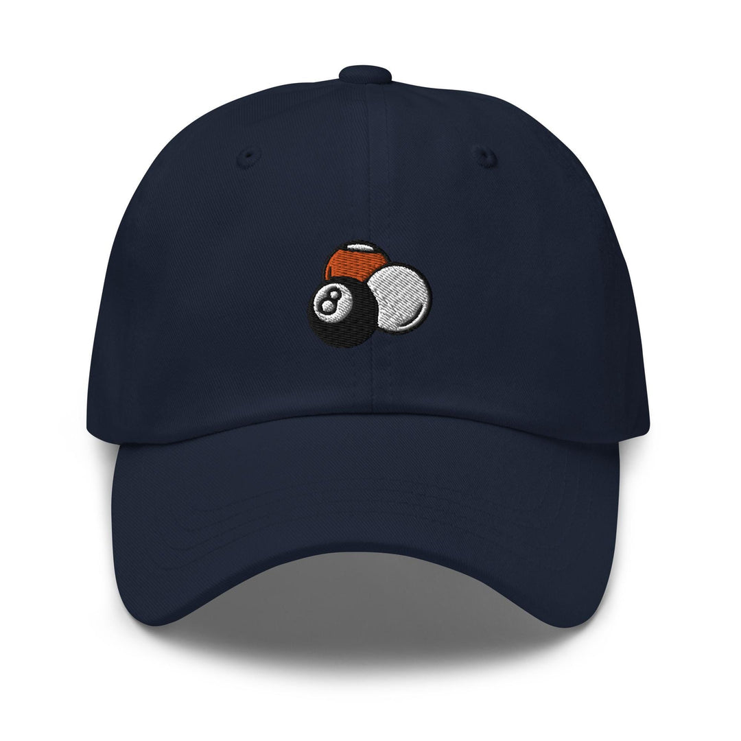 a blue hat with a pool ball embroidered on it