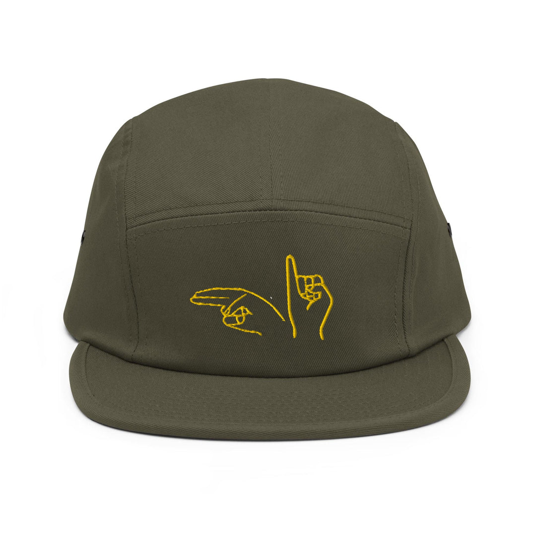 a green hat with yellow writing on it