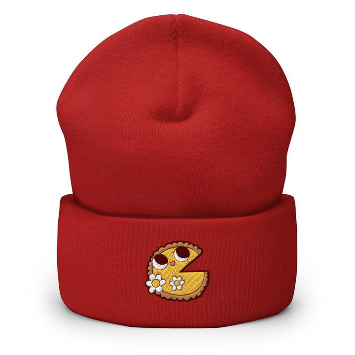 a red beanie with a cartoon character on it