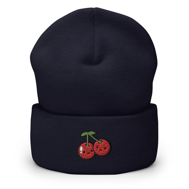 a beanie with a cherry embroidered on it