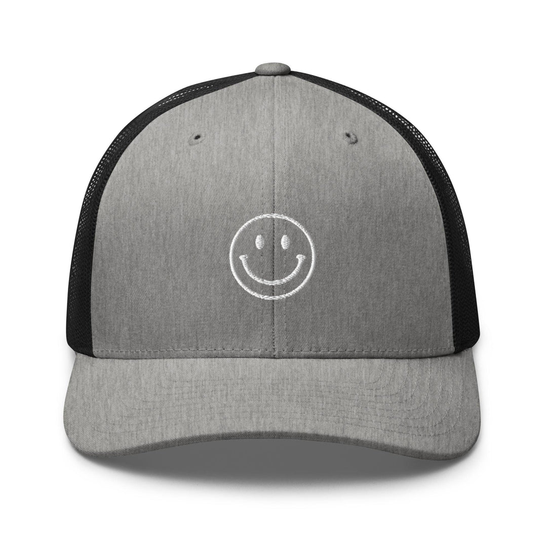 a gray and black hat with a smiley face