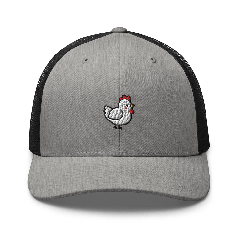 a gray and black trucker hat with a chicken embroidered on the front