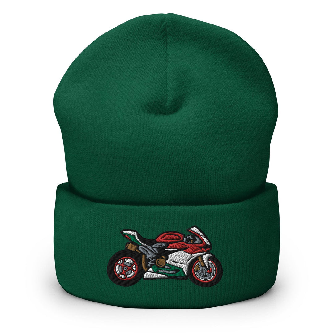 a green beanie with a motorcycle embroidered on it