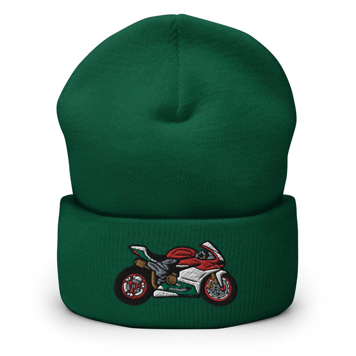 a green beanie with a motorcycle embroidered on it