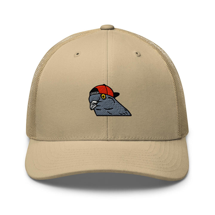 a tan hat with a blue bird wearing a red hat