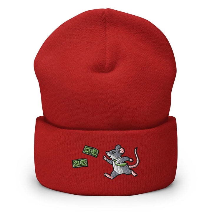 a red beanie with a cartoon mouse on it