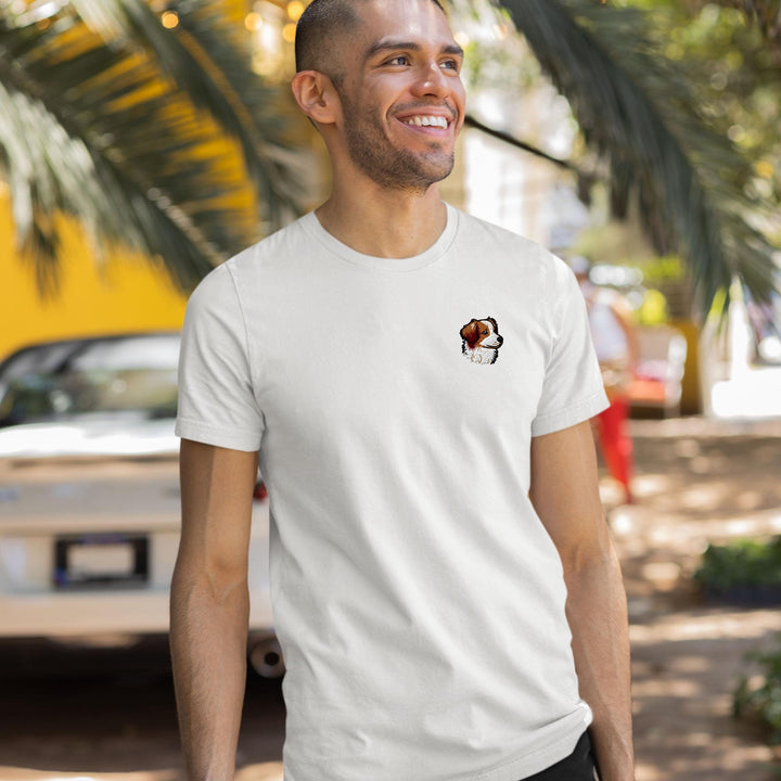 a man wearing a white t - shirt with a picture of a man&#39;s