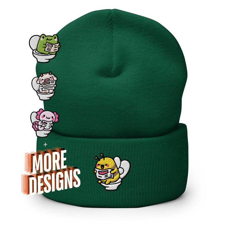 a green beanie with a bunch of cartoon characters on it