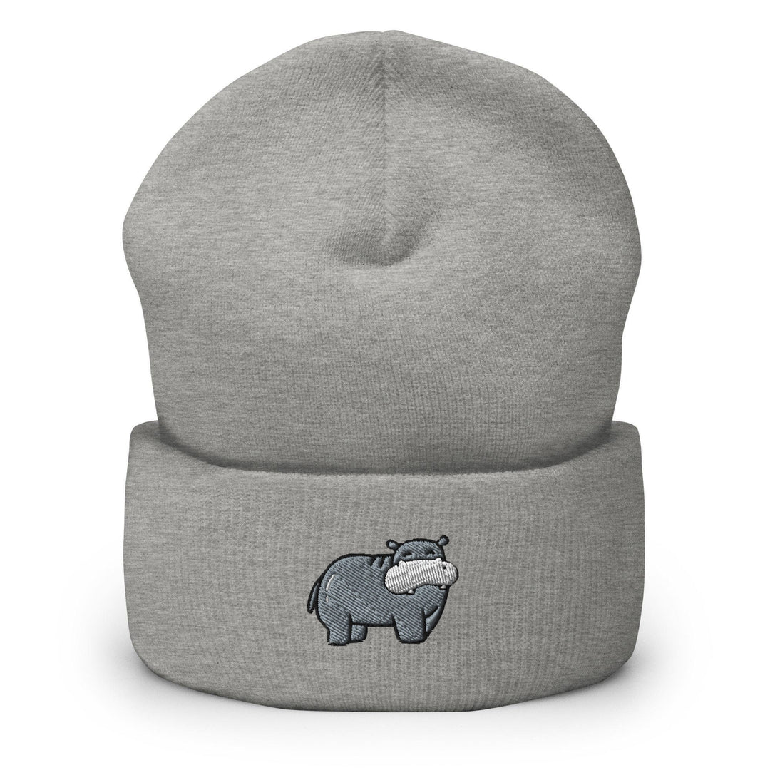 a gray beanie with a rhino on it