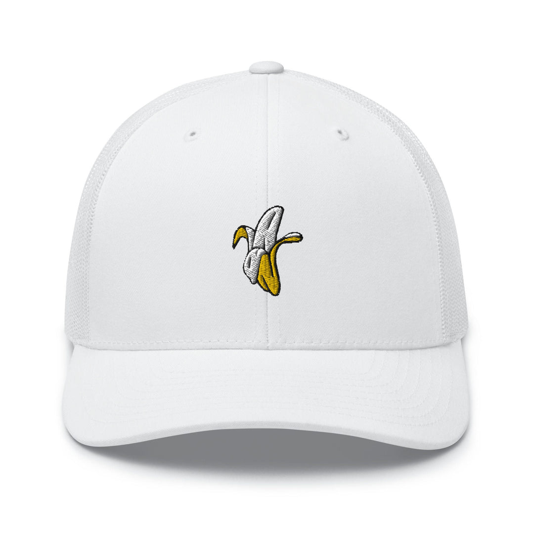 a white hat with a banana embroidered on it