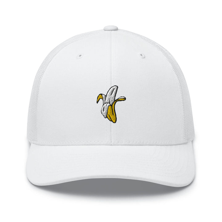 a white hat with a banana embroidered on it