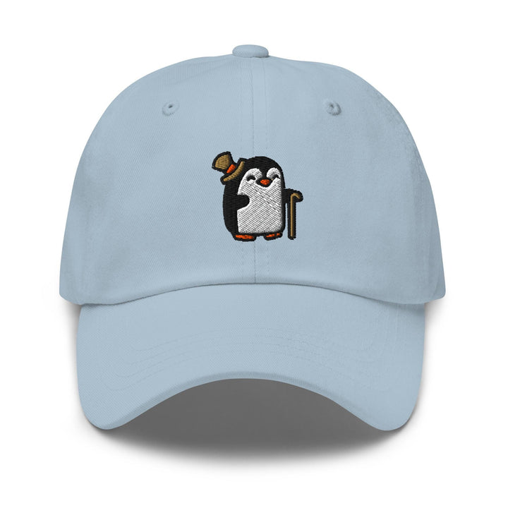 a light blue hat with a penguin on it