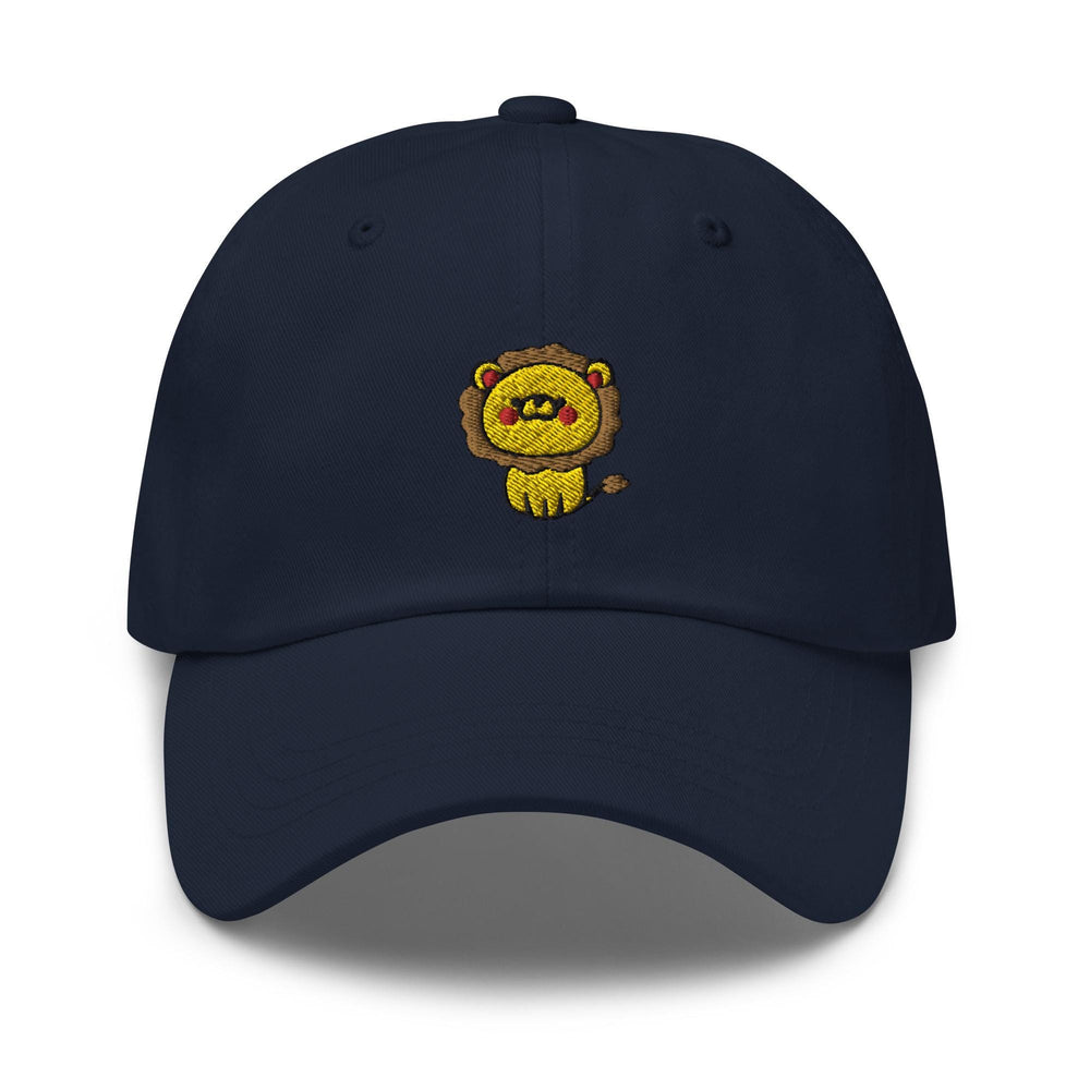 a blue hat with a lion embroidered on it