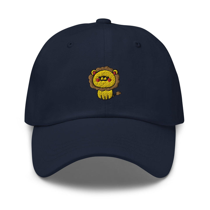 a blue hat with a lion embroidered on it