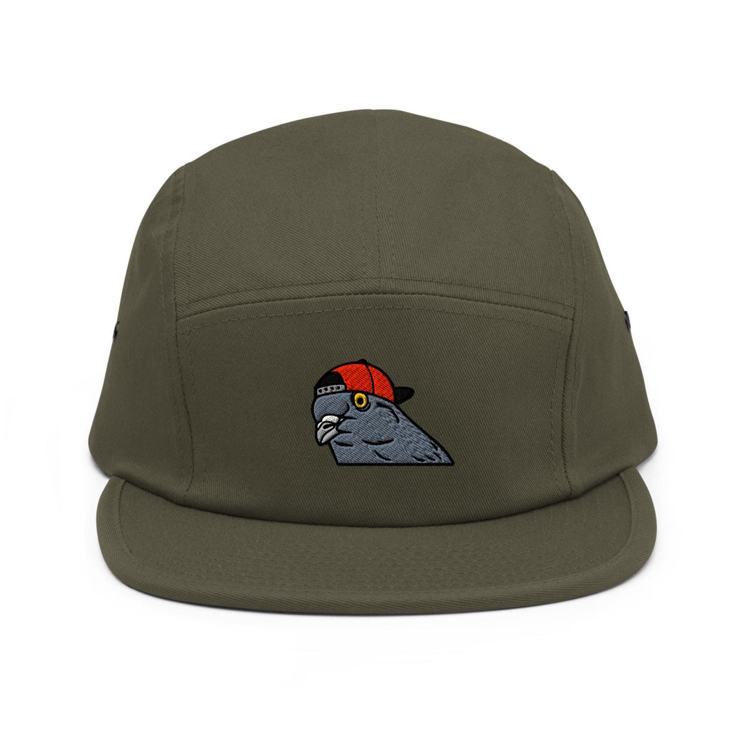 a green hat with a bird embroidered on it