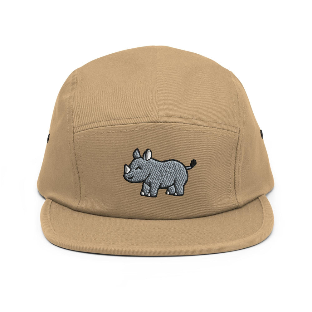 a brown hat with a rhino embroidered on it