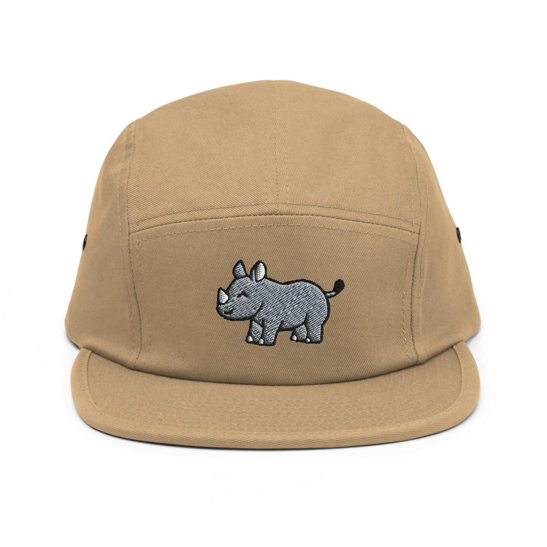 a brown hat with a rhino embroidered on it