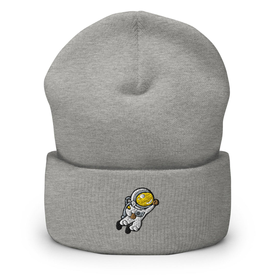 a grey beanie with an astronaut on it