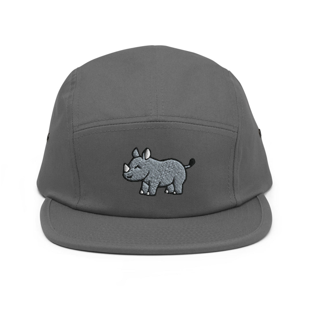 a gray hat with a rhino embroidered on it